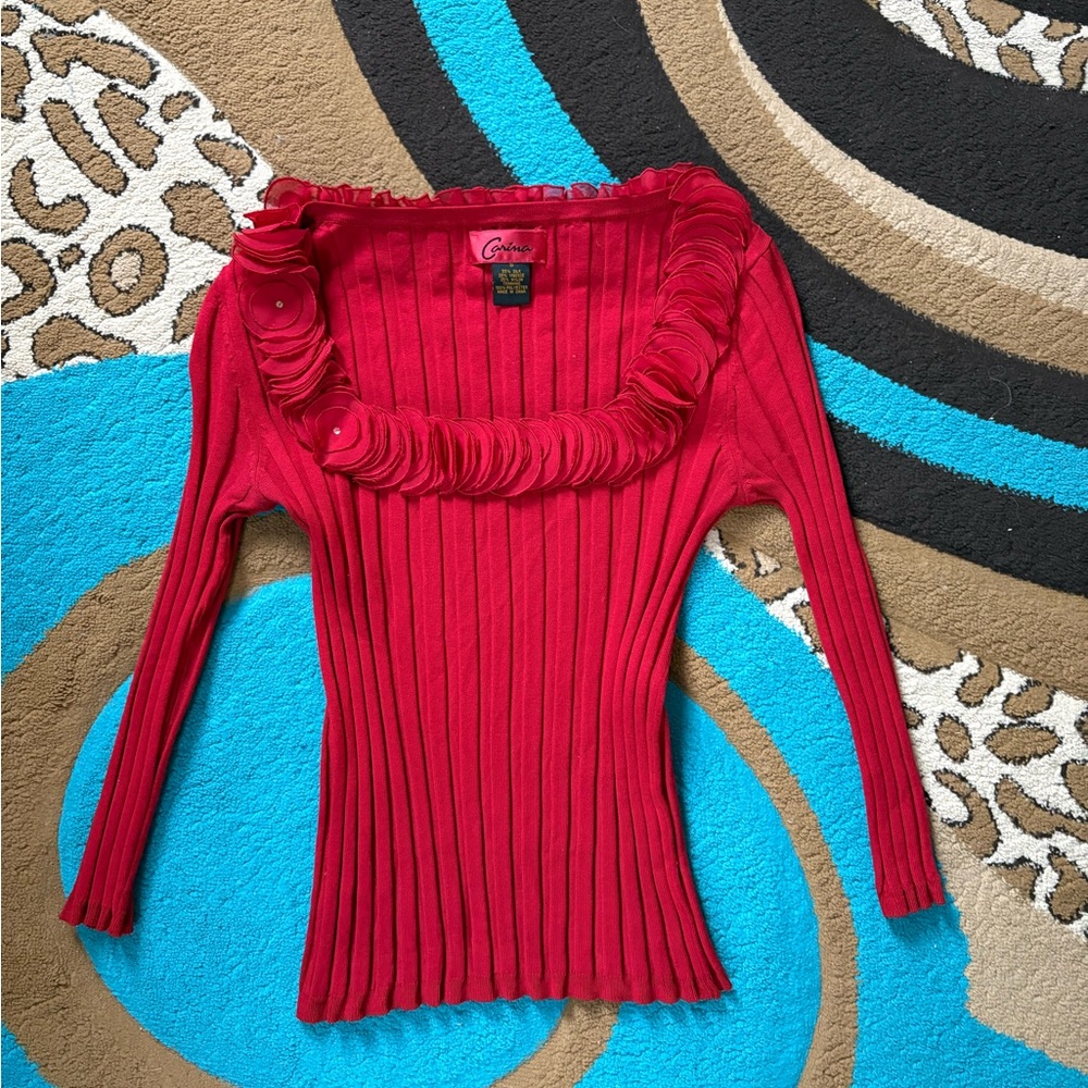 Carina Red Floral Scoop Neck Ribbed Top